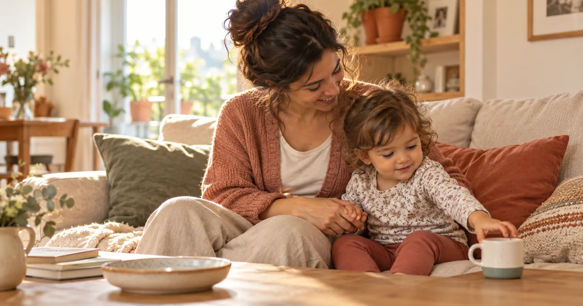 Madre e bambina piccola sedute insieme sul divano in un momento tranquillo