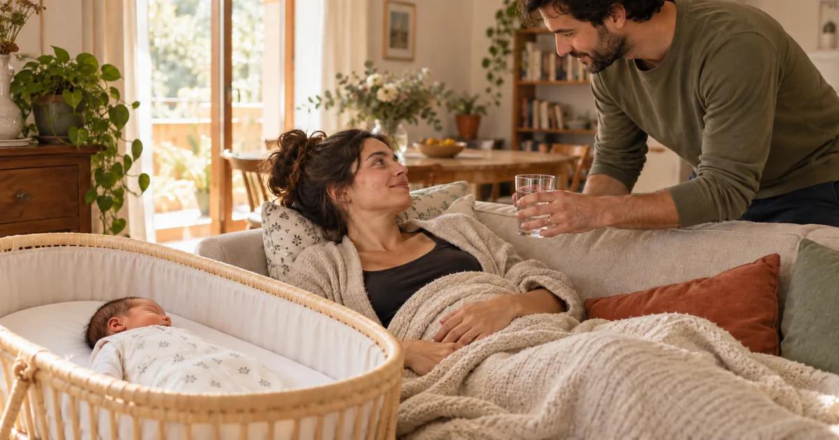 Madre a riposo sul divano, neonato nella culla e partner che le porge un bicchiere d’acqua